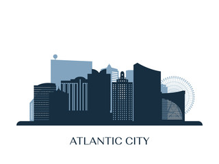 Atlantic city skyline, monochrome silhouette. Vector illustration.