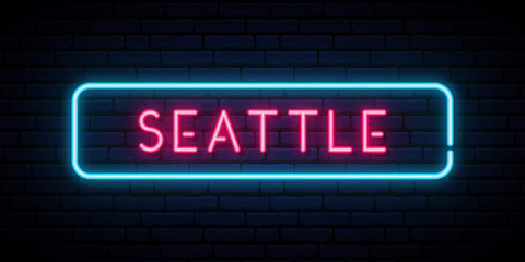Obraz premium Seattle neon sign. Bright light signboard. Vector banner.