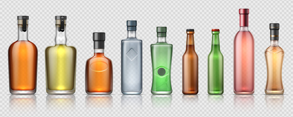 Realistic alcohol bottles. Transparent glass containers for whiskey, tequila, vermouth and other alcoholic beverages. Vector isolated set luxury bottle for beverage or premium drink