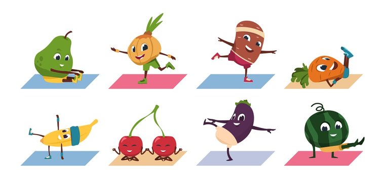 Fruit yoga. Cartoon vegetable funny characters doing yoga poses and sport exercises, healthy food and fitness workout. Vector set comic character fruit in athletic training