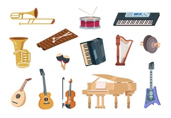 Cartoon musical instruments. Acoustic, electric, string and wind musical instruments with piano, guitars and drums. Vector isolated set audio entertainment elements concert instrument