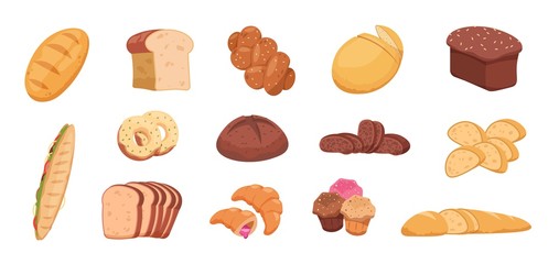 Cartoon bread. Wheat rye and buckwheat sliced and whole bread baguette croissant bagel, toast bread pita and ciabatta. Vector bakery set isolate on white