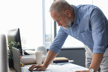 Fototapeta na wymiar Senior businessman with a stylish short beard working on laptop computer at his office desk.