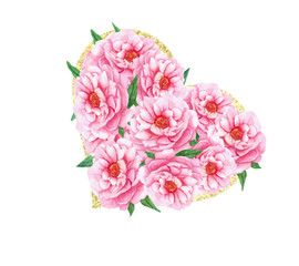 Watercolor illustration. Heart with pink flowers. Nice, bright poster. For decorating greeting cards.