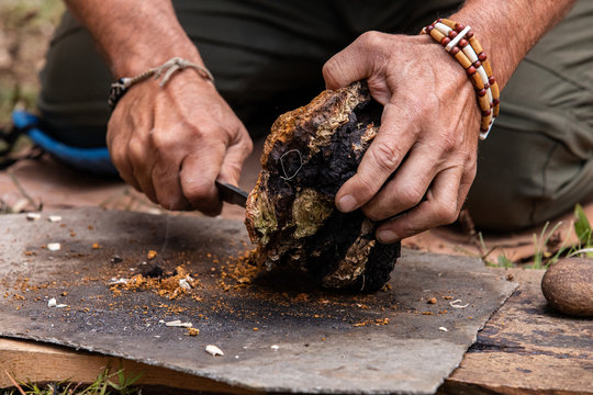 Closeup of man hand during demonstration of traditional method for fire lighting using chaga mushroom to keep fire alive at world and word festival