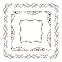 Vector set of vintage frames with boho, ethnic, tribal feathers, beads. Graphic design templates for labels, badges, tile, quotes. Square frames with different size