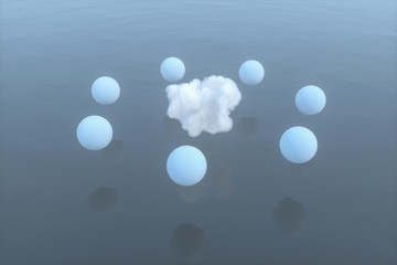 Balls and clouds floating on the lake,peaceful scene,3d rendering.