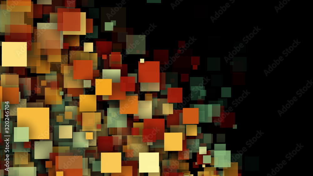 Poster abstract background with multicolored transparent squares and particles. 3d computer rendering