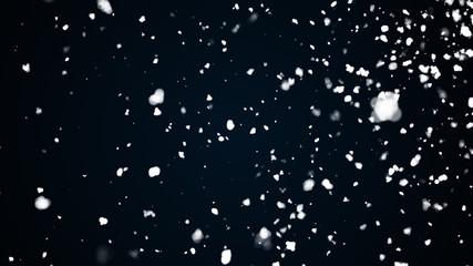 Many snowflakes with bokeh randomly slow falling in the air. Computer generated 3d rendering snow on black background