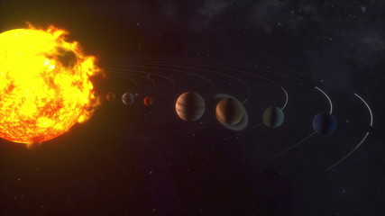 3d rendering of cosmic background. Model of the orbital motion of planets in the solar system, computer generated.