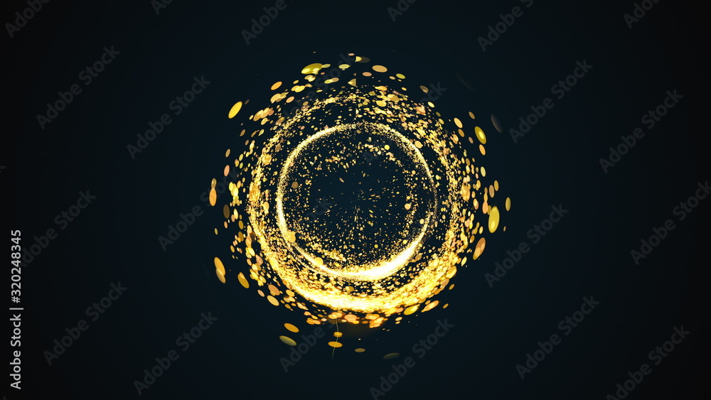 Poster computer generated abstract background. a chaotic stream of golden round particles and light creates