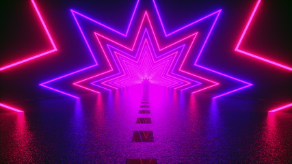 3D rendering, abstract geometric background, virtual reality, computer generated fluorescent ultraviolet light, glowing neon lines, a star tunnel with a straight road