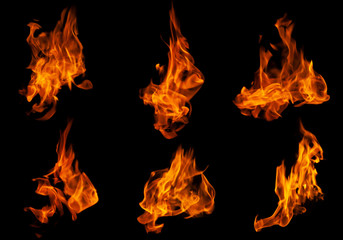 Fire collection set of flame burning isolated on dark background for graphic design purpose