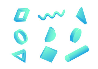 Set of isolated on white background various dynamic geometric shapes in trendy neo mint, aqua menthe and blue colors in no gravity style. Design elements