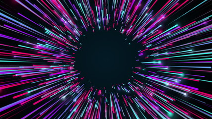 Obraz premium 3d rendering movement through long corridor from colour beams. Speed of light, neon glowing rays in motion. Computer generated abstract modern cosmic background