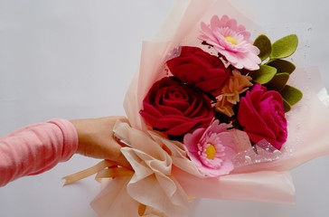 Holding Beautiful Handmade Felt Flower Bouquets for Wedding or Engagement Gift. Lovely Flower Arrangements