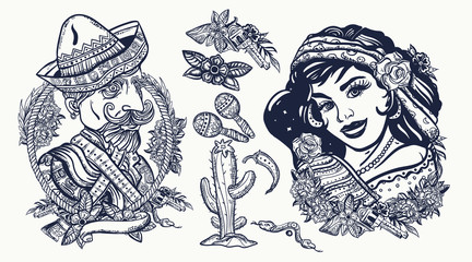 Fototapeta na wymiar Mexico. Beautiful girl in ethnic costume, portrait of Mexican man in sombrero, cactus, castanets. Latin America. Old school tattoo vector collection. National culture and people
