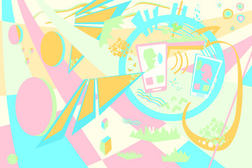 Background from geometric patterns. An abstract illustration depicting a conversation on a cell phone for printing on fabric or postcards.