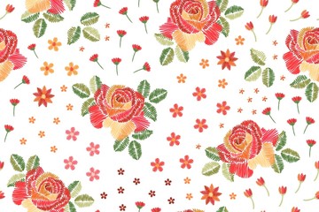 Embroidery seamless pattern with beautiful roses on white background.