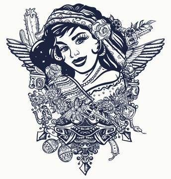 Mexican latin woman in ancient clothes. Mexico ethnic art. Tattoo and t-shirt design