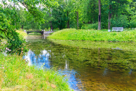 Bridge across a small river in Catherine park in Pushkin (Tsarskoye Selo), Russia