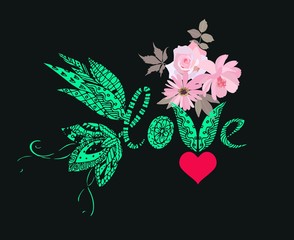 Beautiful card with lettering love and flowers.  Fashion print for t-shirts.