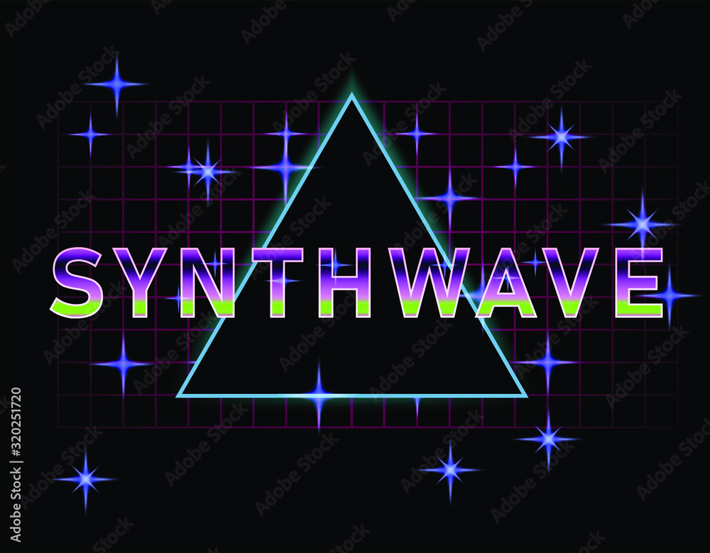 Poster retrofuturistic landscape with laser grid and glowing triangle. vaporwave and retrowave style backgr