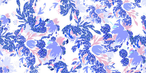 Fototapeta na wymiar Blue floral background. Vector glitter textured seamless pattern with flowers bouquet