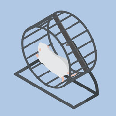 White mouse running in a wheel isometric illustration. Stock vector icon on blue background.