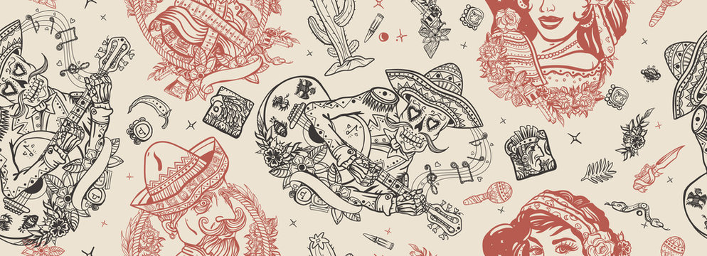 Mexico. Seamless pattern. Skeleton with guitar, mexican woman, bandit. National culture and people. Traditional tattooing style. Day Of Dead art. Old school tattoo vector background