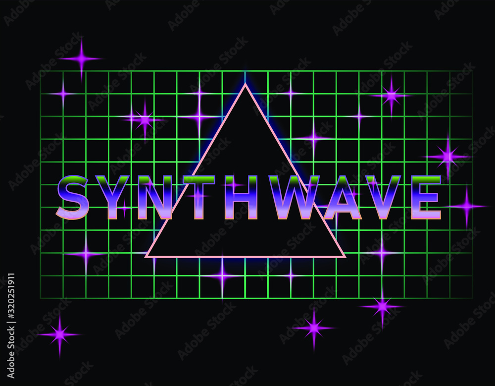 Poster retrofuturistic landscape with laser grid and glowing triangle. vaporwave and retrowave style backgr
