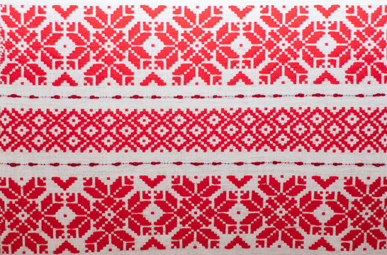 Slavic rushnyks. Canvases of fabric with national Belarusian Russian Ukrainian pattern. Embroidery.