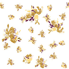 Gold flowers background. Vector glitter textured seamless pattern with flowers bouquet