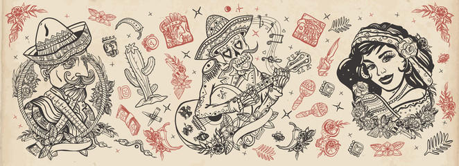 Obraz premium Mexico. Skeleton with guitar, mexican woman, bandit. Old school tattoo vector collection. Day Of Dead art. National culture and people. Traditional tattooing style