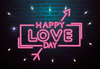 Fototapeta na wymiar happy love day lettering of neon light vector illustration design