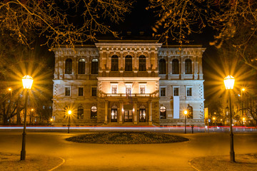 Croatia, city of Zagreb, academy palace building and Zrinjevac park in the night, long exposure