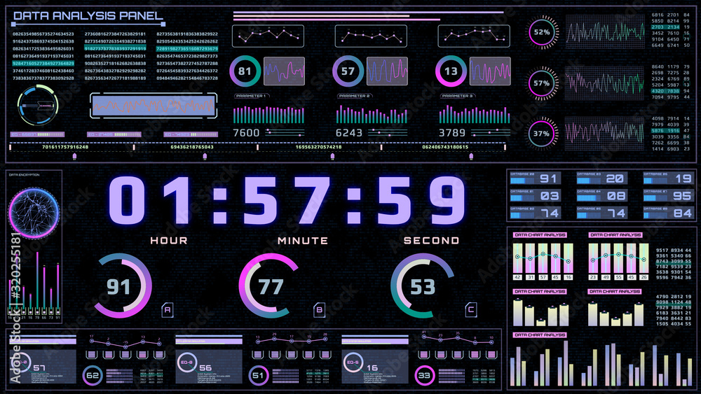 Poster HUD UI Futuristic Interface Cyber Space Report Technology Information New Background.  Digital Scifi Gadget Element Modern Color Design Infographic Motion Illustration.