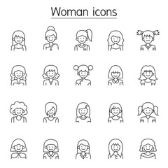 Woman icon set in thin line style