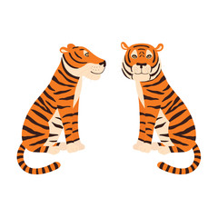 Orange tiger sitting. Colorful frendly tiger. Side and front view.