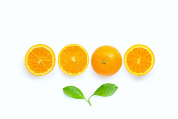 High vitamin C, Juicy orange fruit with leaves on white background.