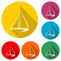 Yacht sailboat or sailing ship icon isolated with long shadow