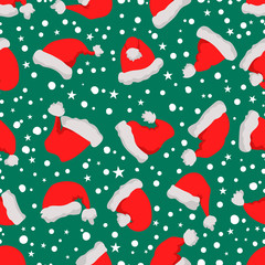 Seamless pattern with santa hats and snow. Design element for poster, card, banner, flyer. Vector illustration