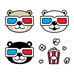 Bear vector polar bear popcorn icon 3d glasses movie cinema teddy head face character cartoon illustration doodle design © CNuisin