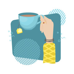 Vector illustration with a Cup of tea in a woman's hand. Hand holding a Cup.