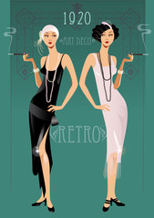 1920s retro girls in dresses, retro style poster for invitation, card, planner, art deco style vector design