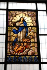Interior stained glass window inside the San Sebastian church (Iglesia San Sebastian), Antequera, Spain.