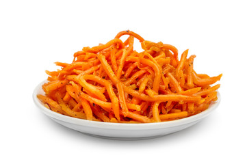 Plate with korean carrots on white.