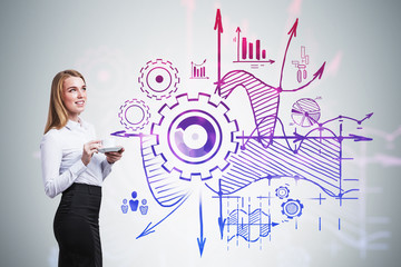 Smiling blonde woman with coffee, business plan