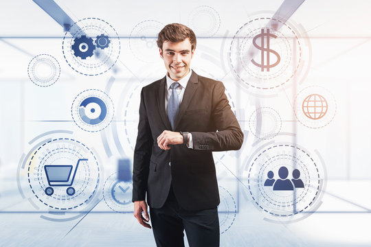 Smiling man with smartwatch, online shopping