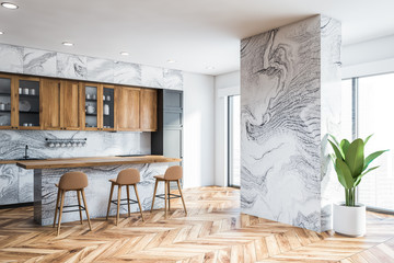 Gray marble and wood kitchen corner with bar